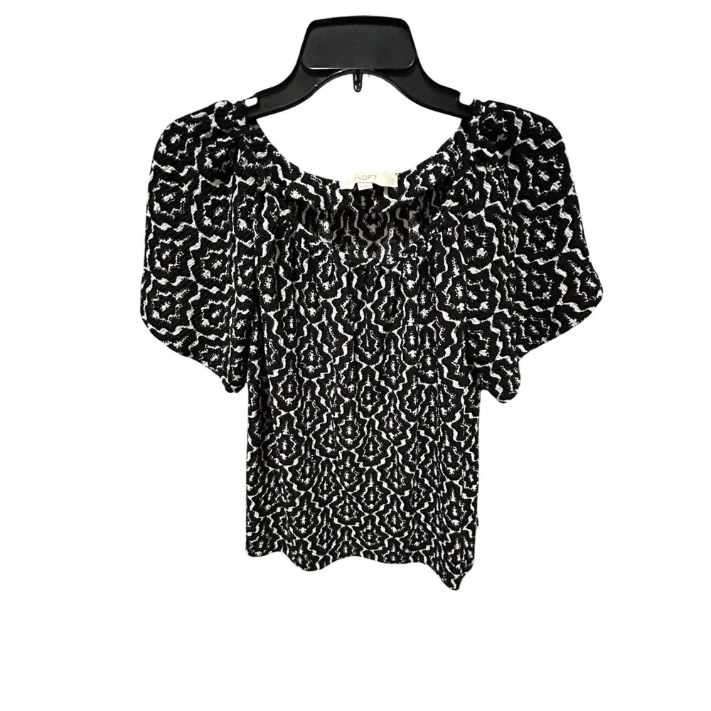 Loft Womens Black White Geometric Ikat Print Puff Sleeve‎ Blouse Top Medium
